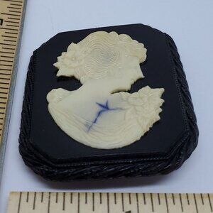 Antique Celluloid Cameo Brooch Pin With Cream Woman Relief On Black Base